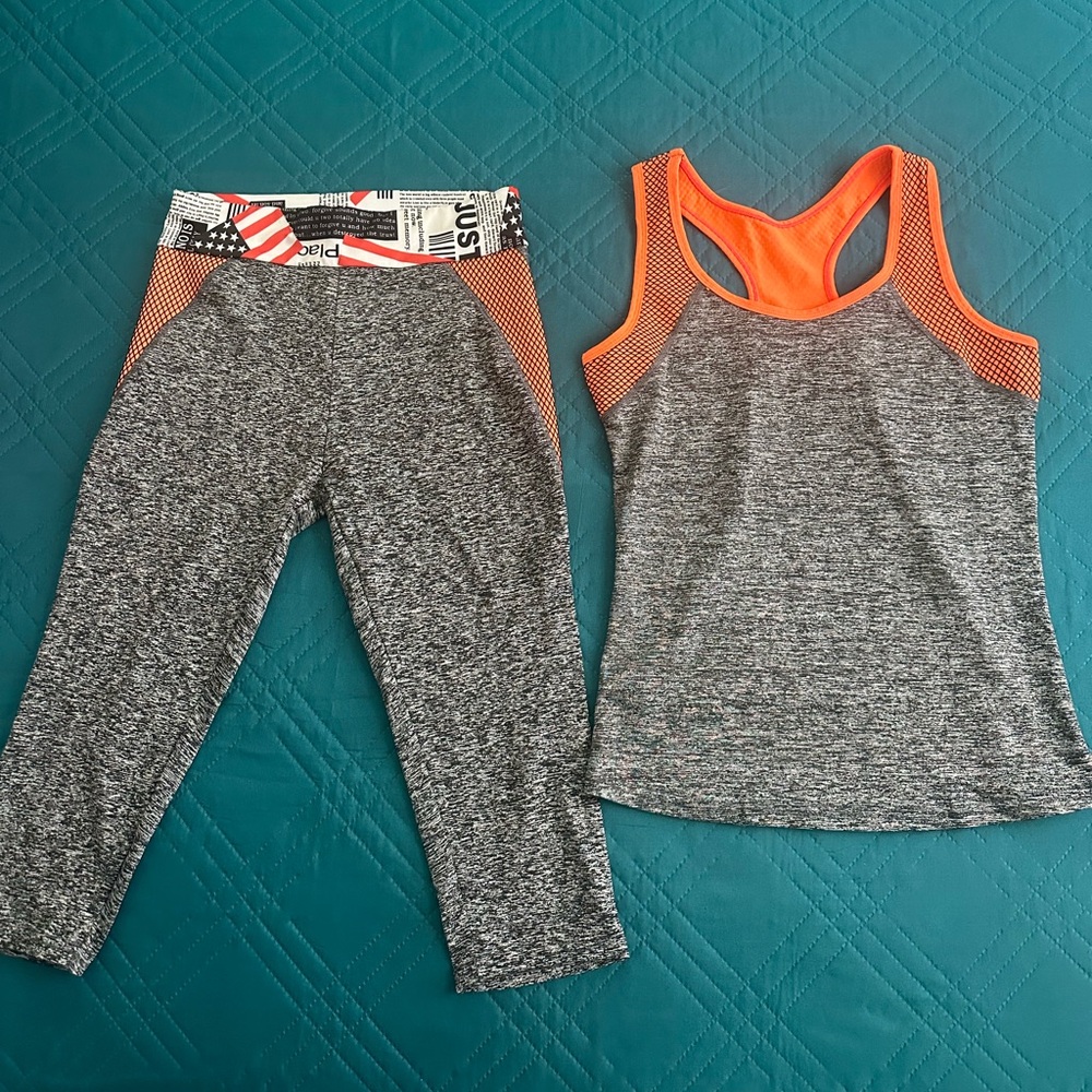 Gray and Orange Women's Leggings and Tank Activewear Set